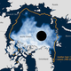 The extent of Arctic sea ice in Sep. 2014. (The black dot is a satellite blind spot.)